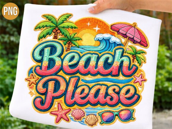 Beach Please Faux Embroidery Summer PNG