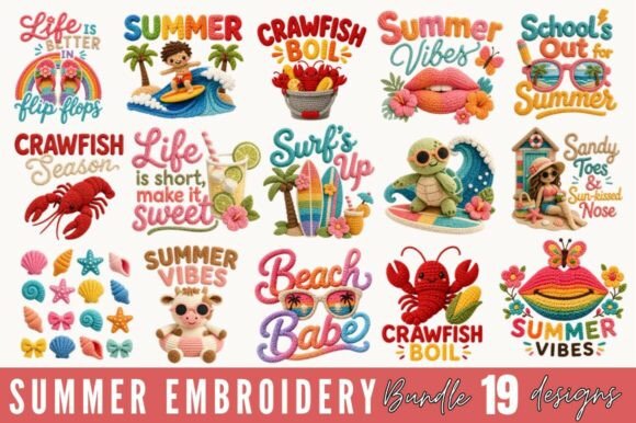 Summer Embroidery Patch PNG Bundle
